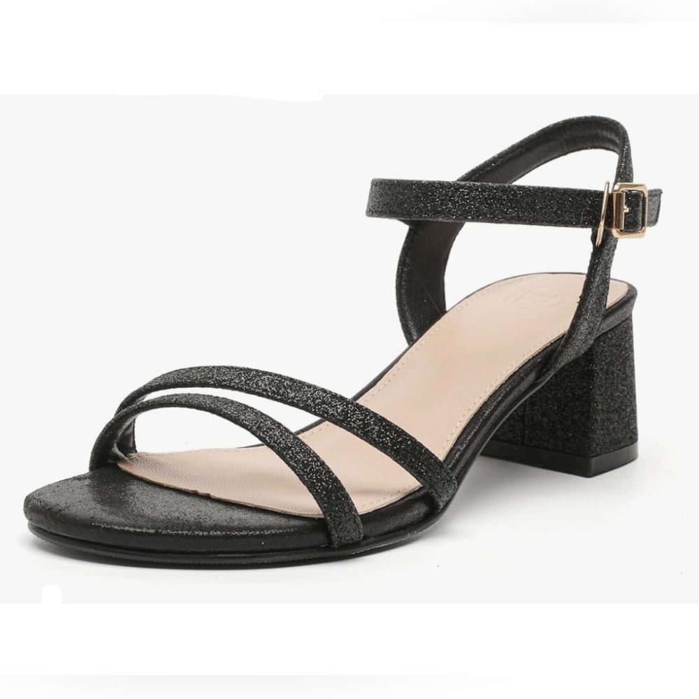 Chunky Heel Sandals - Open Toe, Ankle Strap, Glitter & Rhinestone Accents, 8